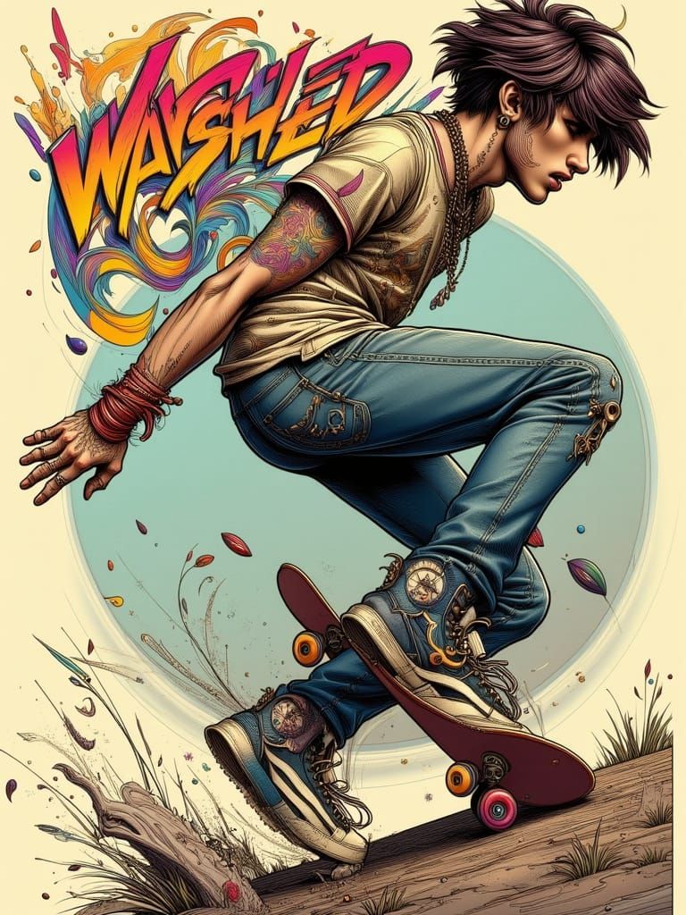 90s Skateboarder Grinding Curb in Graffiti Style