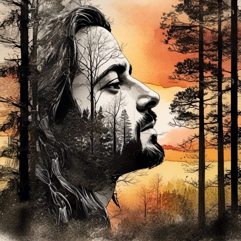 Double Exposure Portrait: Forest and Sunset Blend