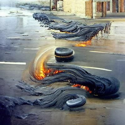 Melting Car Tires: An Oil Painting