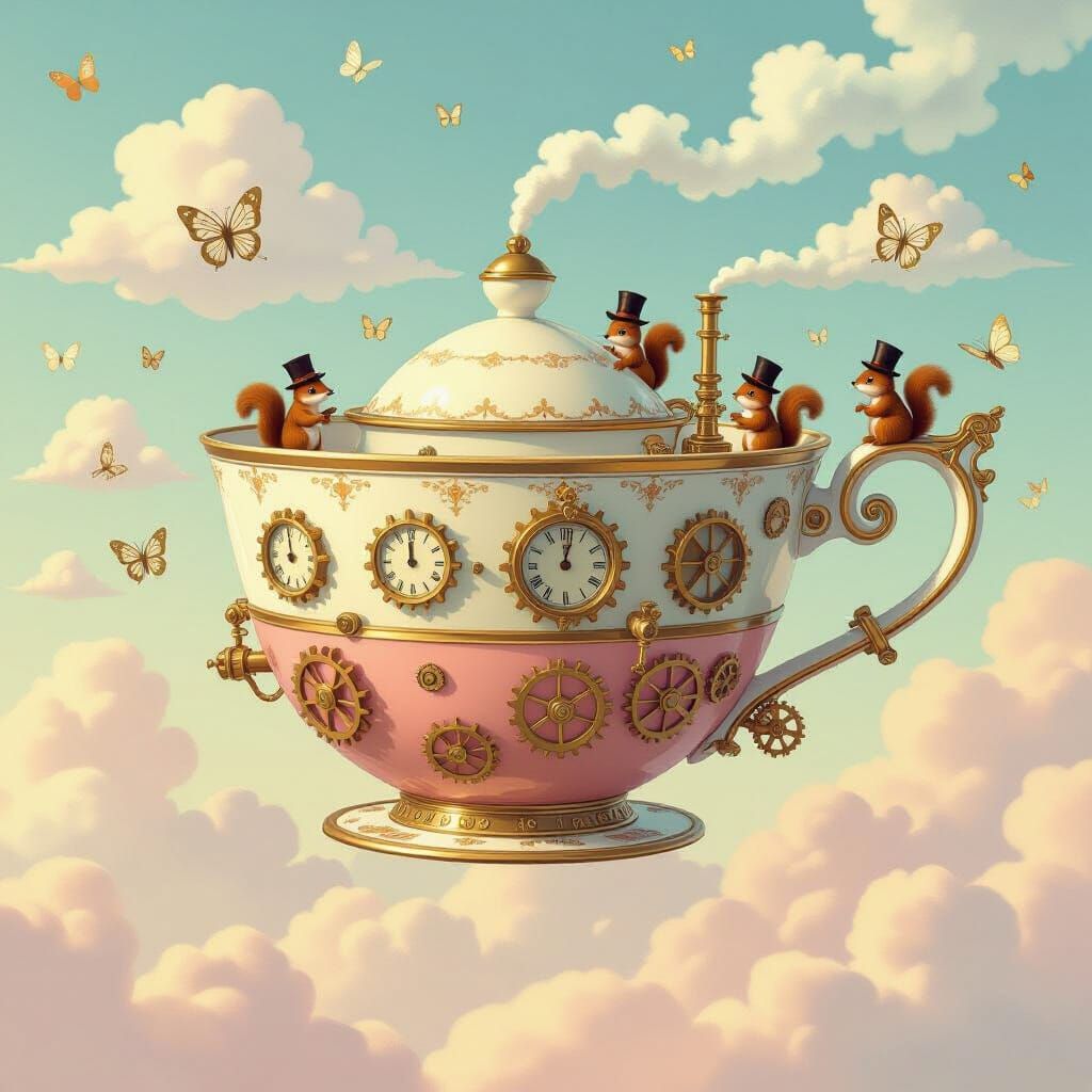 A whimsical steampunk airship shaped like a giant teacup flo...