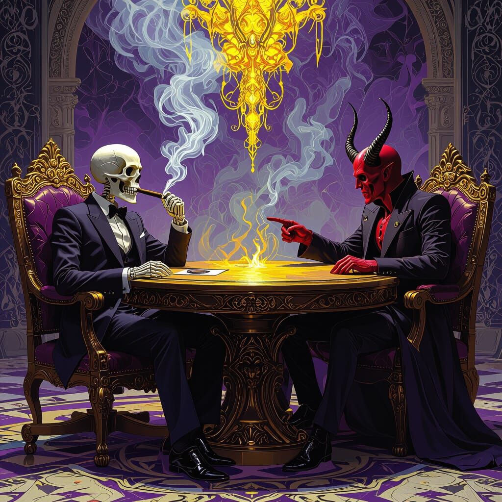 Skeleton and Devil in Mystical Encounter