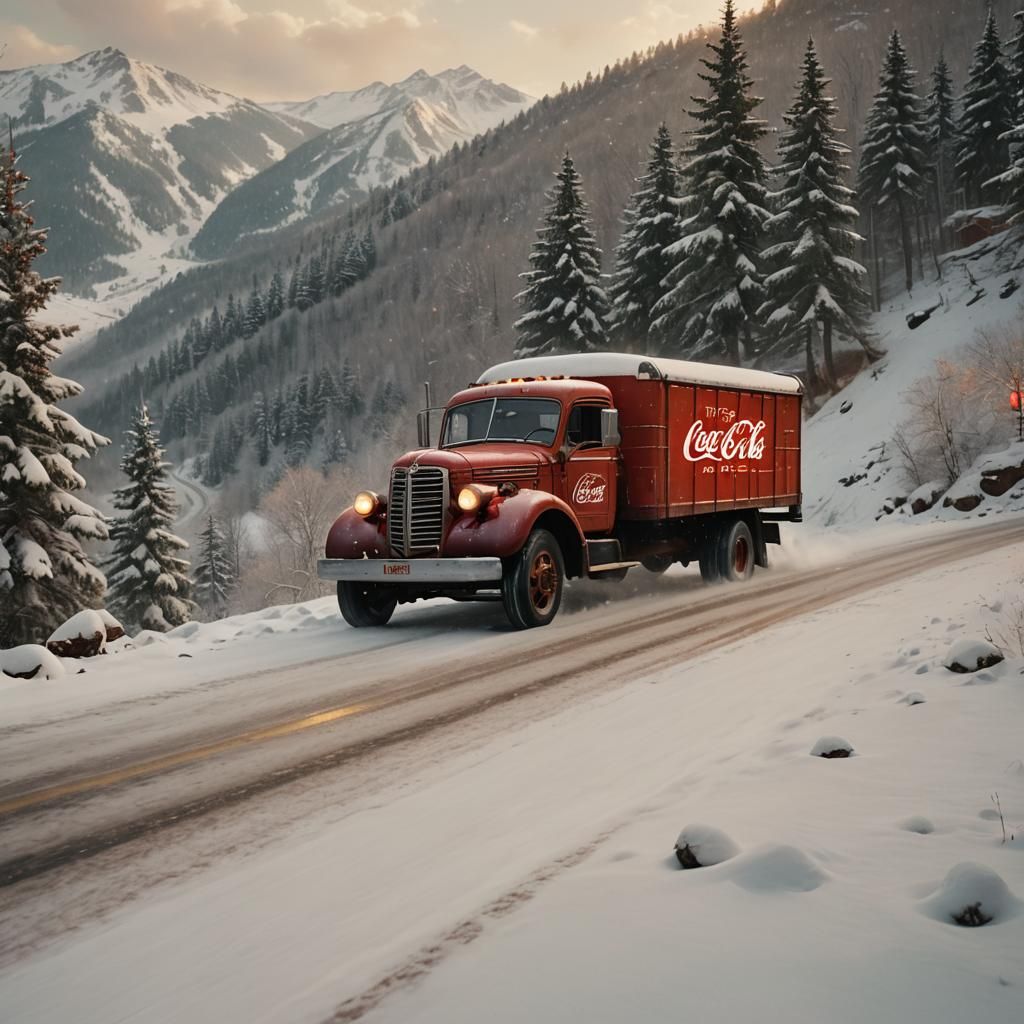 Retro Coca-Cola Truck Rides Down Snowy Mountain Road
