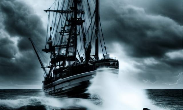 Majestic Ship Navigating Stormy Seas in Black and White