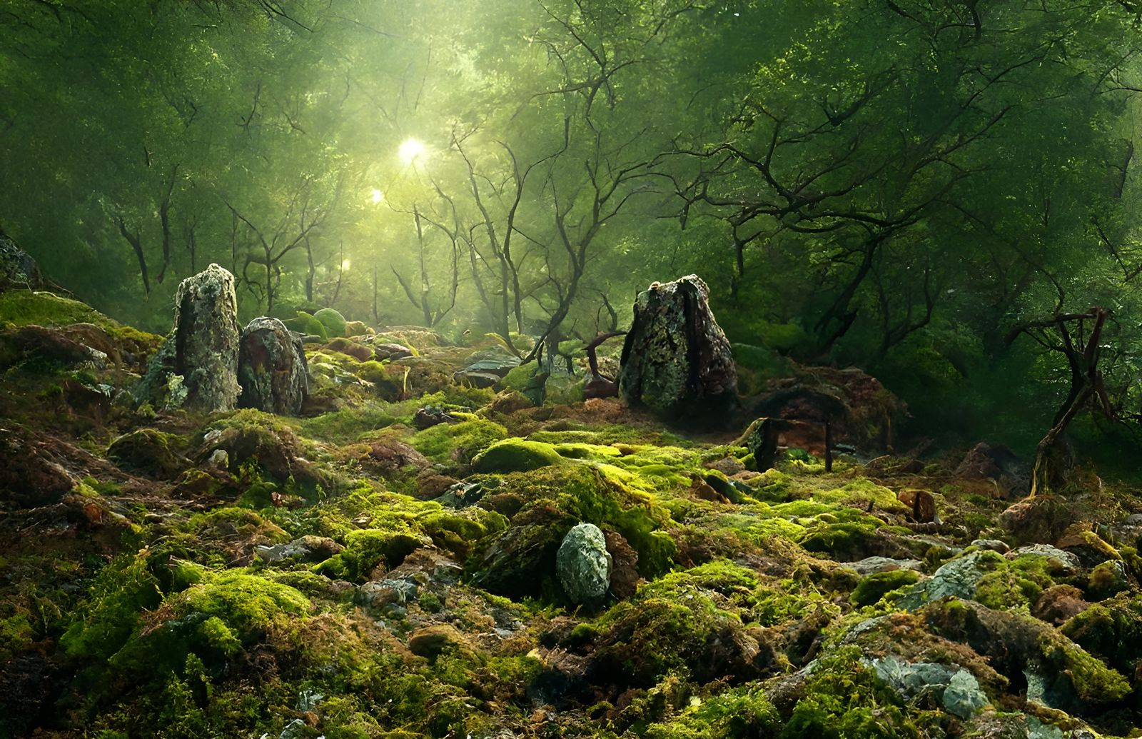 Thick moss carpet in damp forest clearing