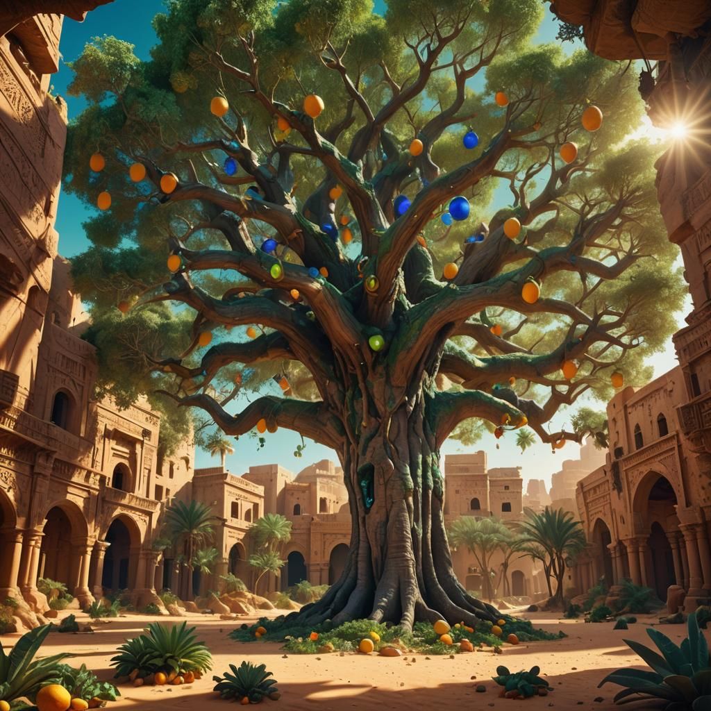 Oasis City Under Sahara with Ancient Tree