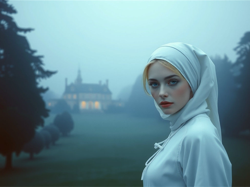 Misty Mansion: Pale Woman in Blue Morning Light