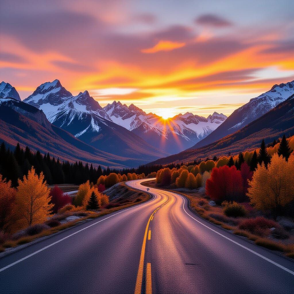 Autumn Sunset Over Mountain Road in Golden Hour Light