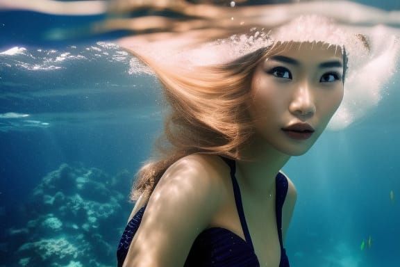 Underwater Portrait of Asian Woman in Sunlight