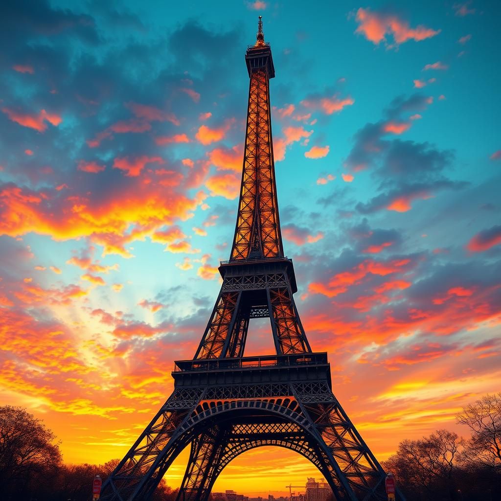 Eiffel Tower Sunset in Hyperrealistic Splash Art