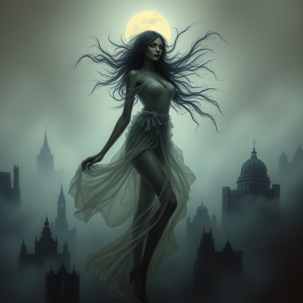 Spectral Woman in Foggy Cityscape