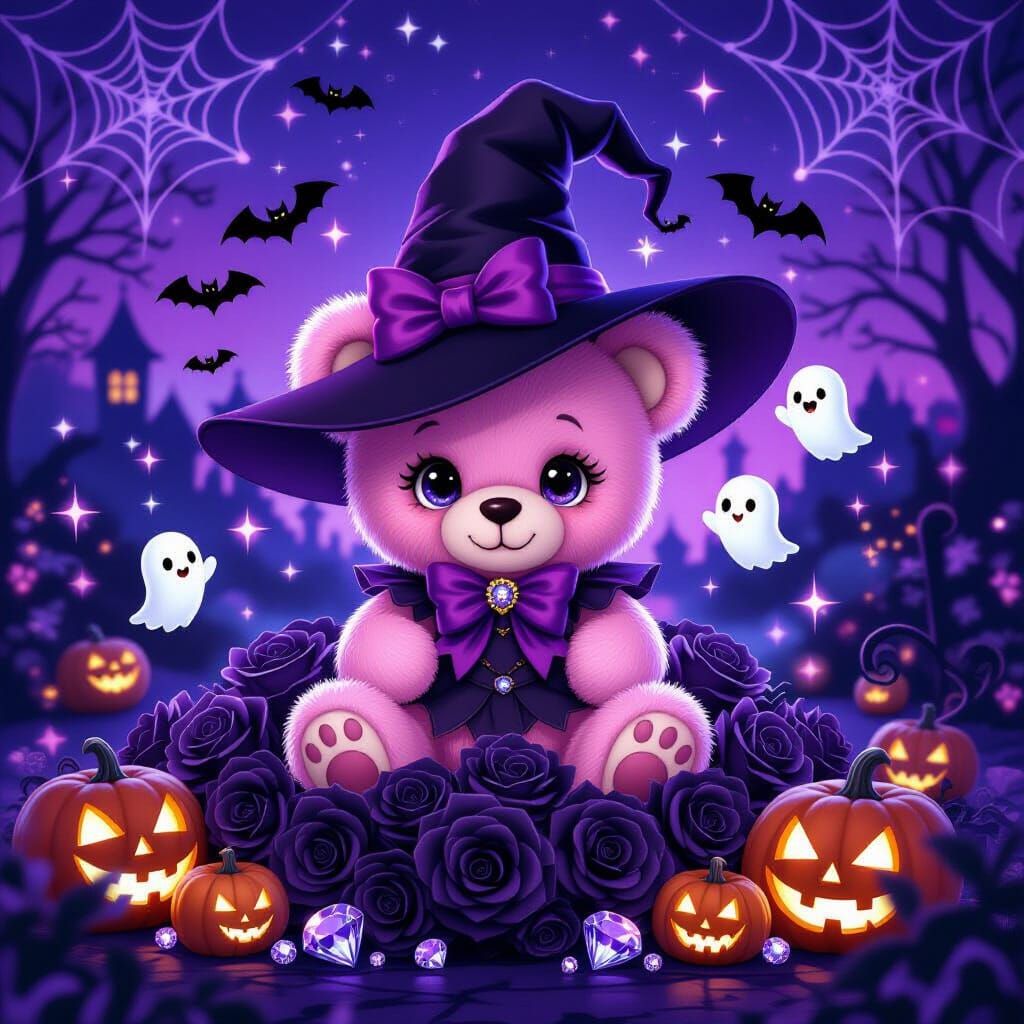 Kawaii Pink Teddy Bear Witch Halloween Scene