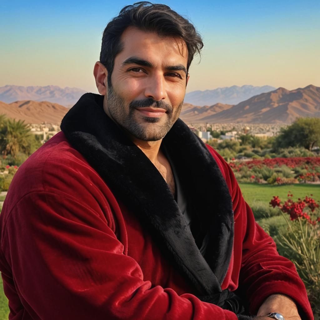 Handsome Hirsute Man in Red Velvet Robe