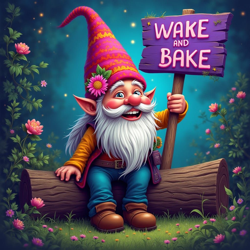 Psychedelic Gnome with Sign in Cosmic Landscape