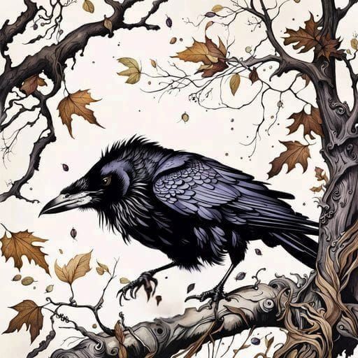 Dead Raven Ink Painting in Watercolor Style