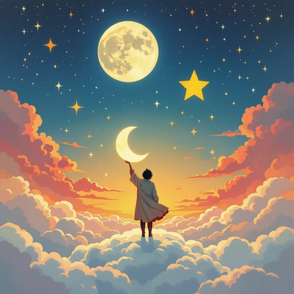 Ethereal Figure on Cloud Holding Moon and Star