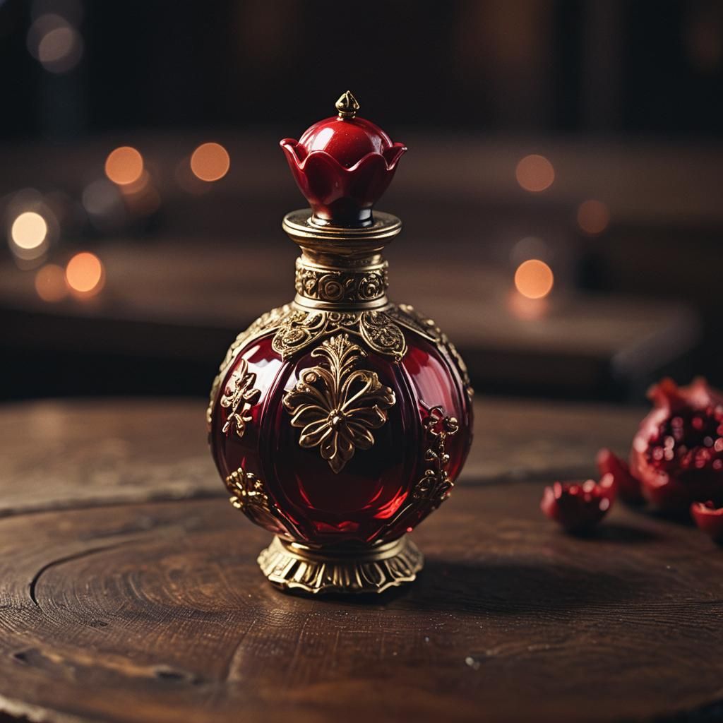 Red Pomegranate Perfume Bottle in Cinematic Lighting