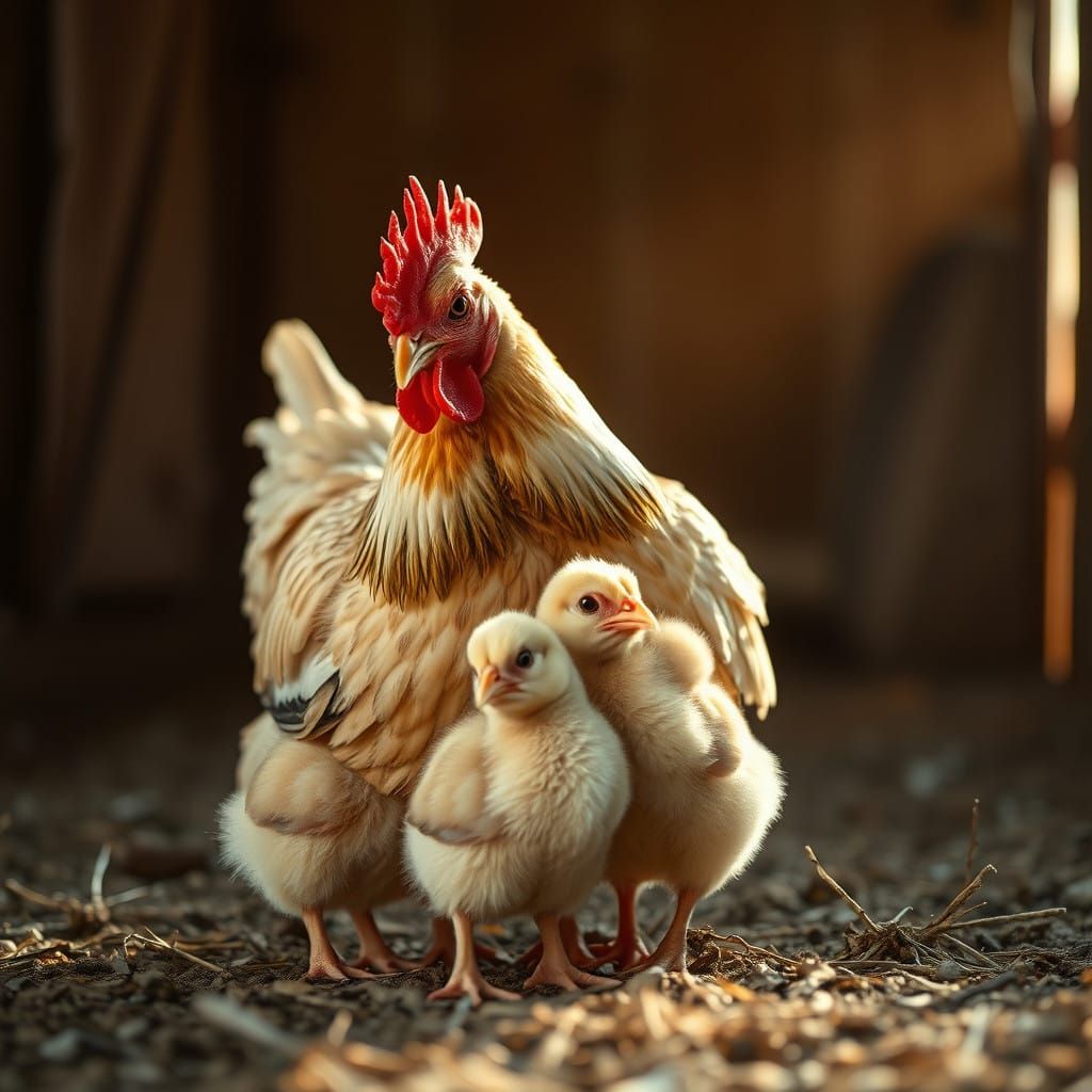 Elegant Mother Hen Guardians Her Chicks in Golden Rural Ligh...