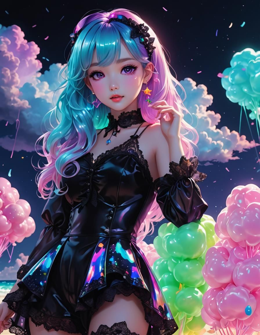 Holographic Beach Scene in Lisa Frank Style