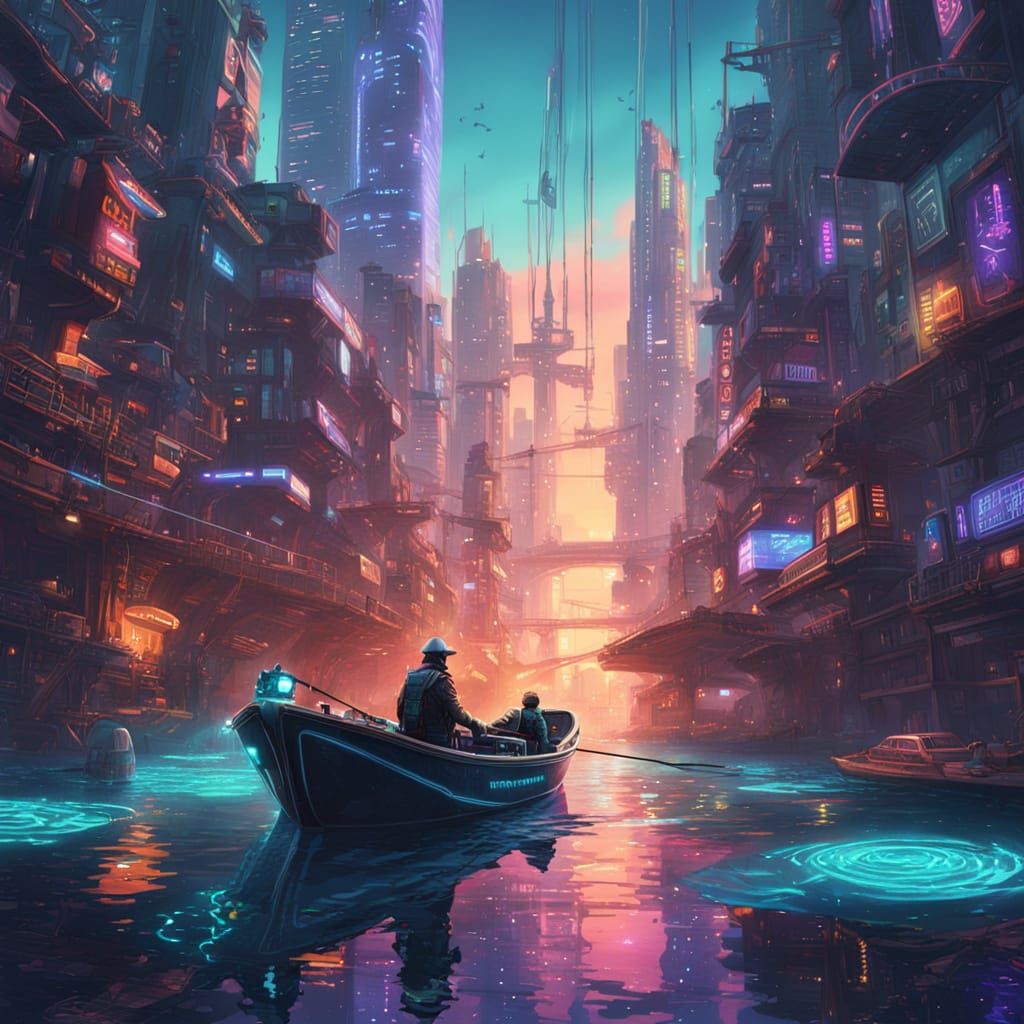 Robotic Fisherman in Neon Metropolis - Cyberpunk Concept Art