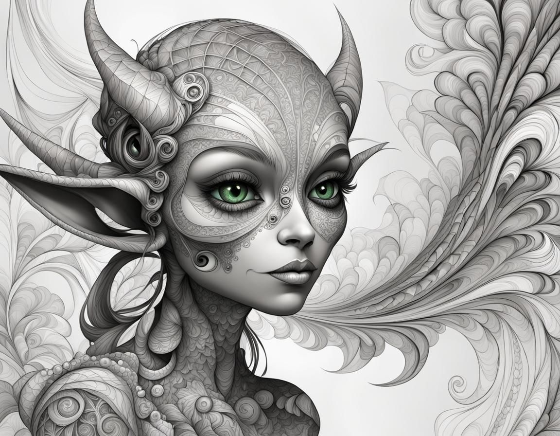 Cute Goblin Girl with Abstract Fractal Design