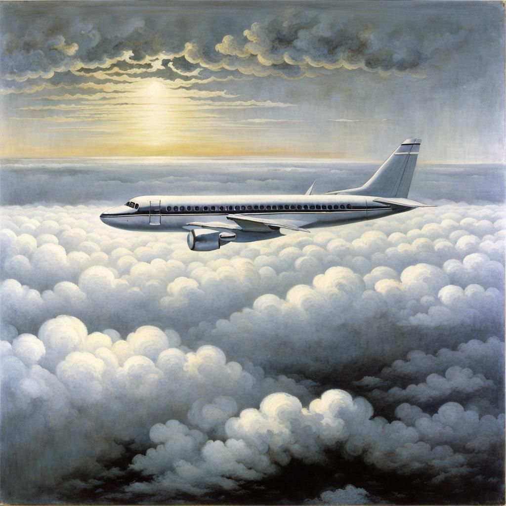 Airplane Ascends Above Fog, Romantic Style