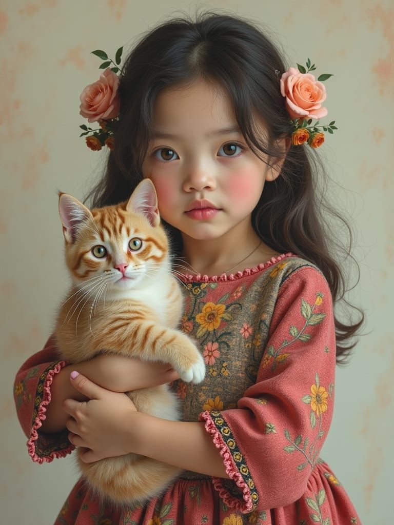 Girl with Cat in Dreamlike Photorealistic Portrait