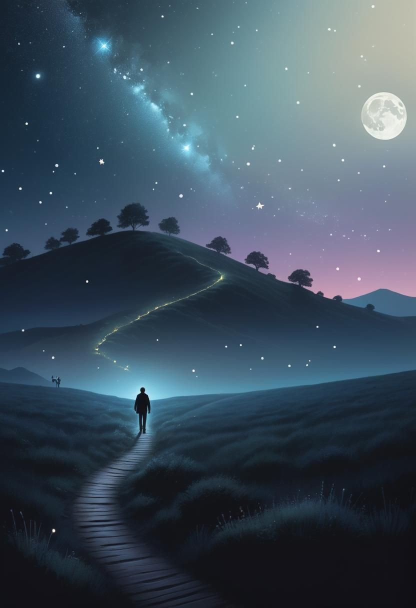 Lone Figure Ascending to Stars: Cosmic Illustration