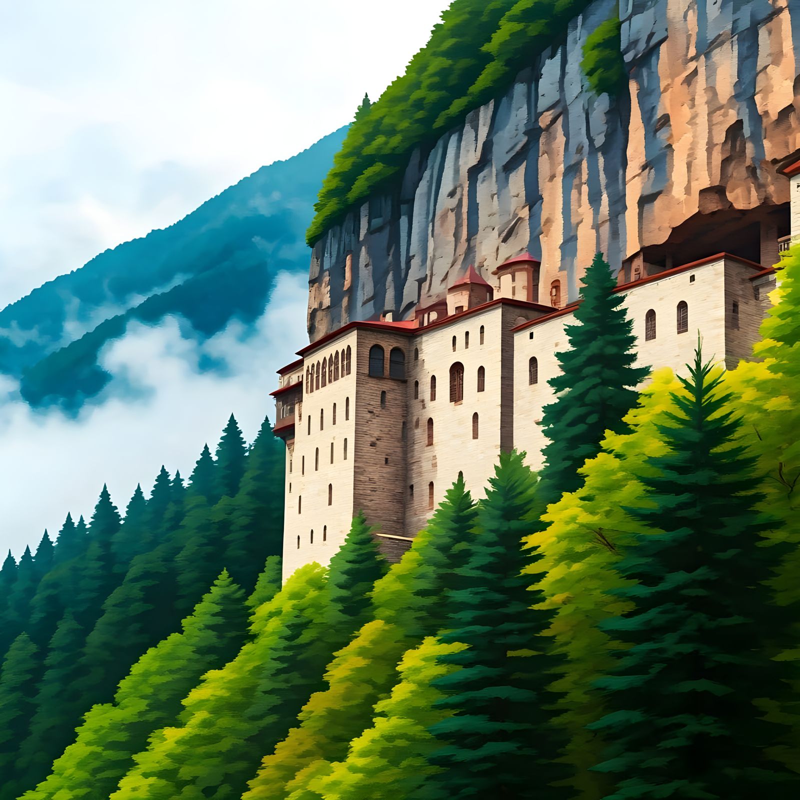 Misty Spring Morning at Sumela Monastery: Watercolour Painti...