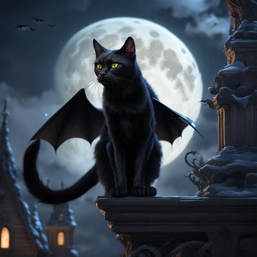 Bat-Winged Black Cat Under Moon, Hyperrealistic Fantasy Art