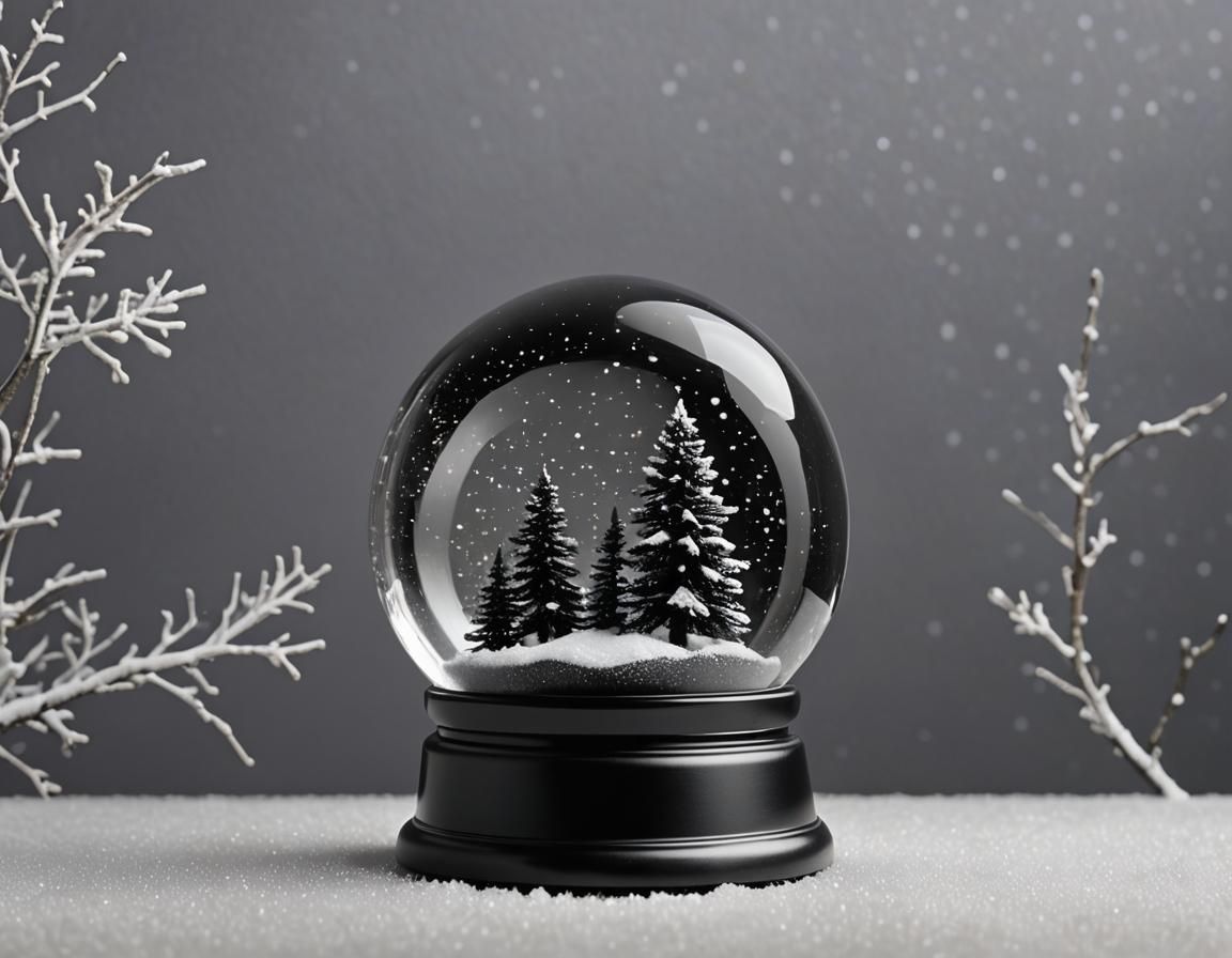 black glass snowglobe with snow