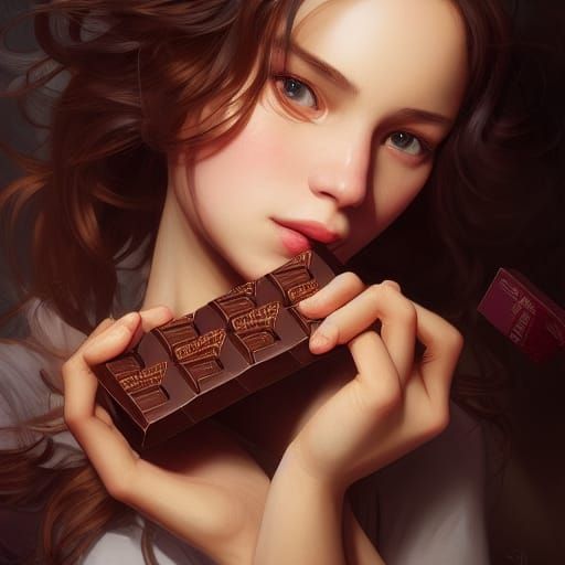 Girl Eating Chocolate Portrait in Art Nouveau Style