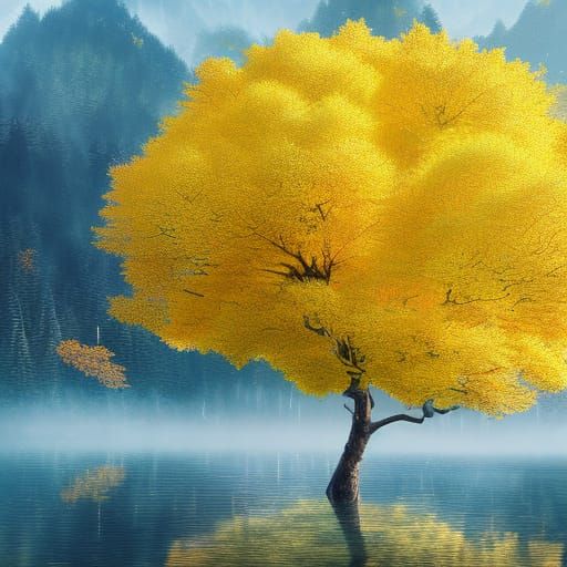Hyperdetailed Yellow Tree by Lake with Mountains