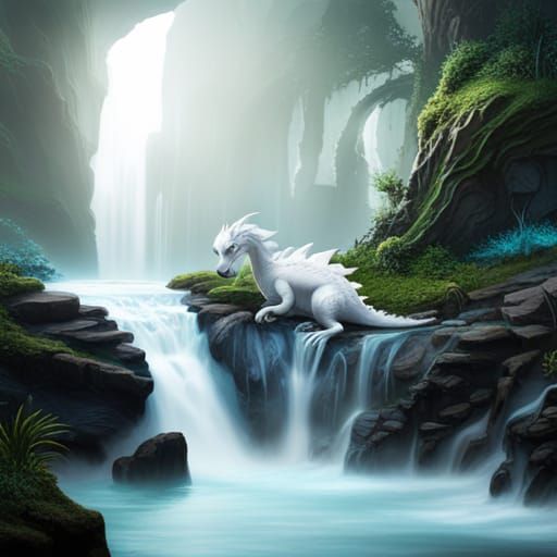 White Dragon in Ethereal Waterfall: Fantasy Concept Art