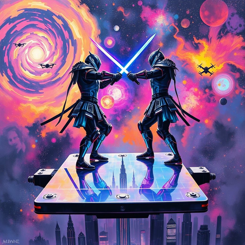 Cyberpunk Samurai Engage in High-Stakes Duel Amidst Cosmic E...