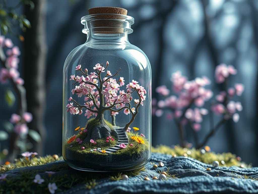 A miniature of a wonderful spring landscape in a bottle