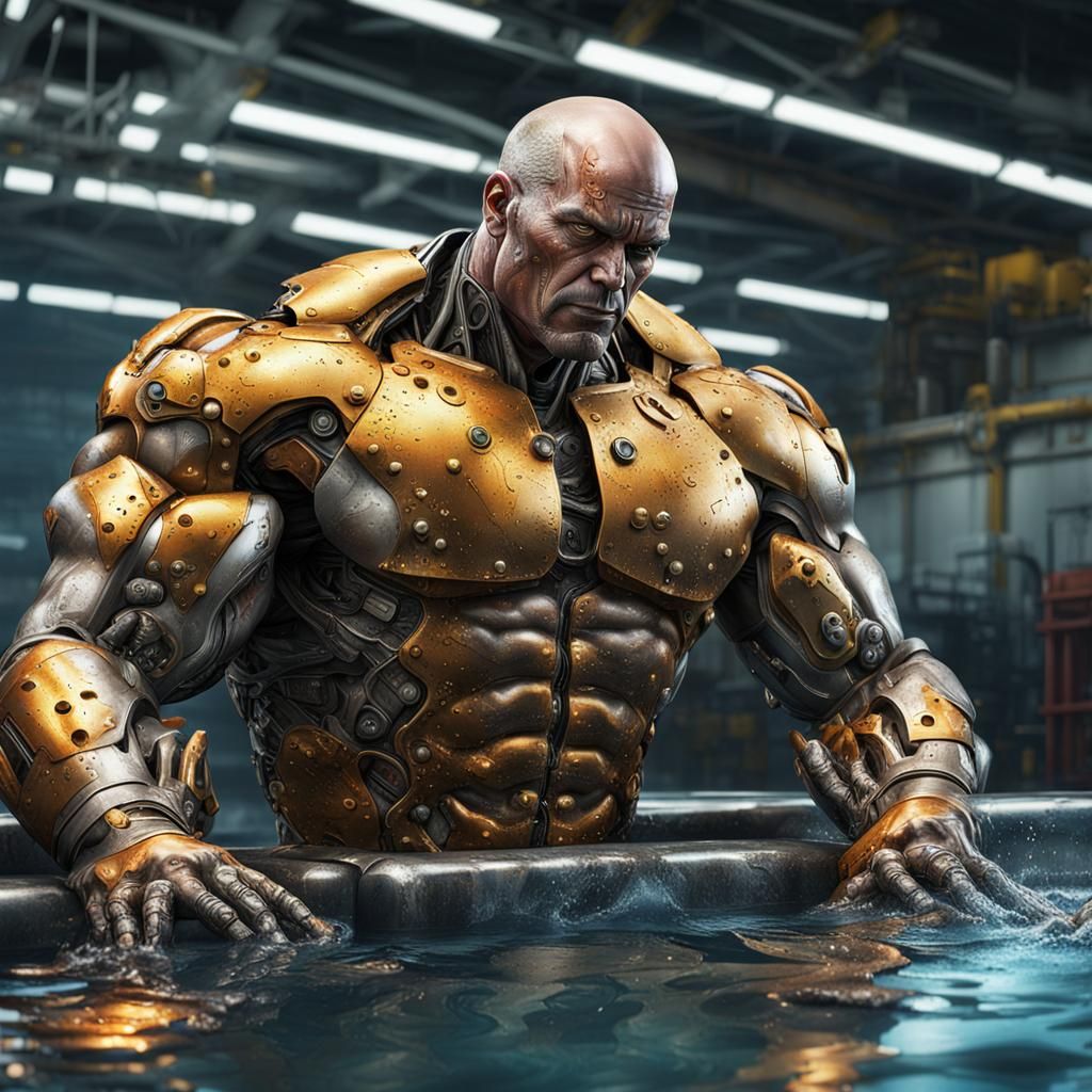 Hyperrealistic Robot Bodybuilder in Molten Metal