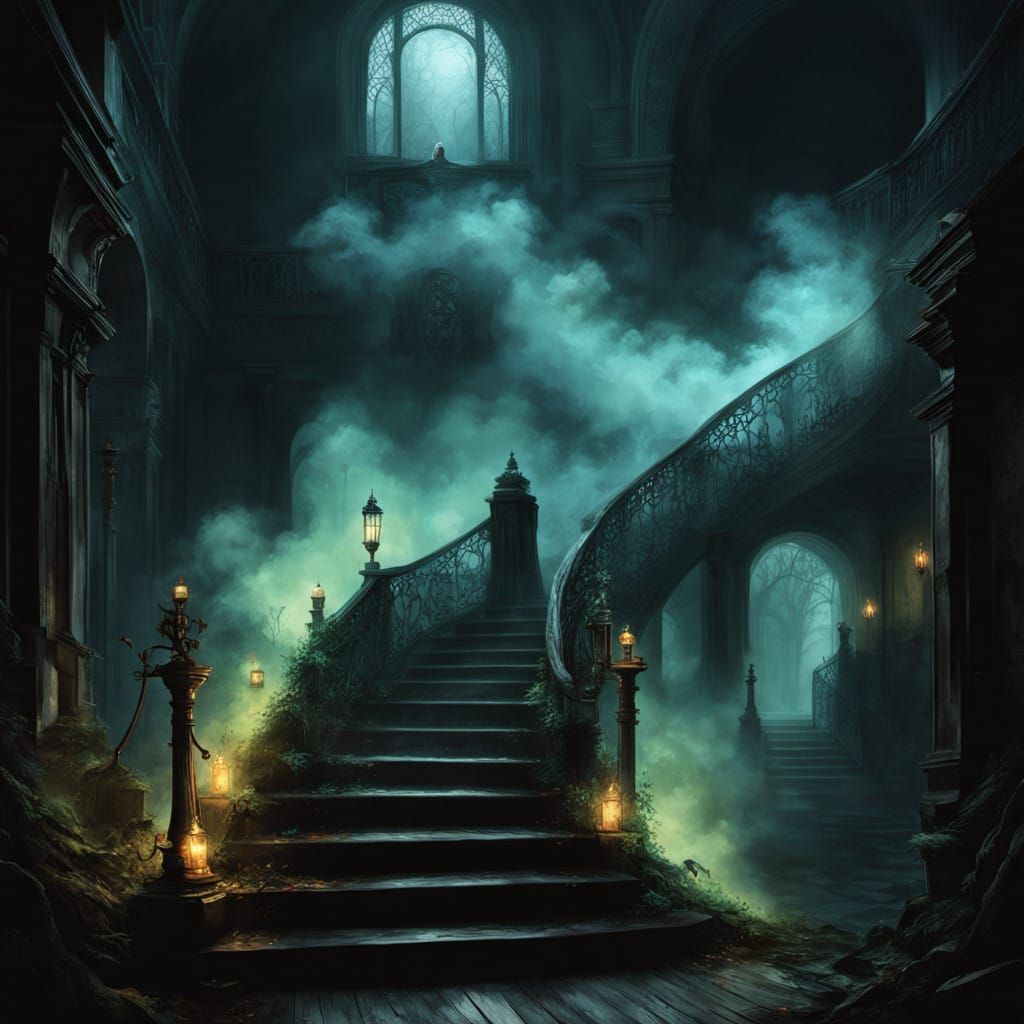 Ethereal Specter Descends Dark Wooden Staircase