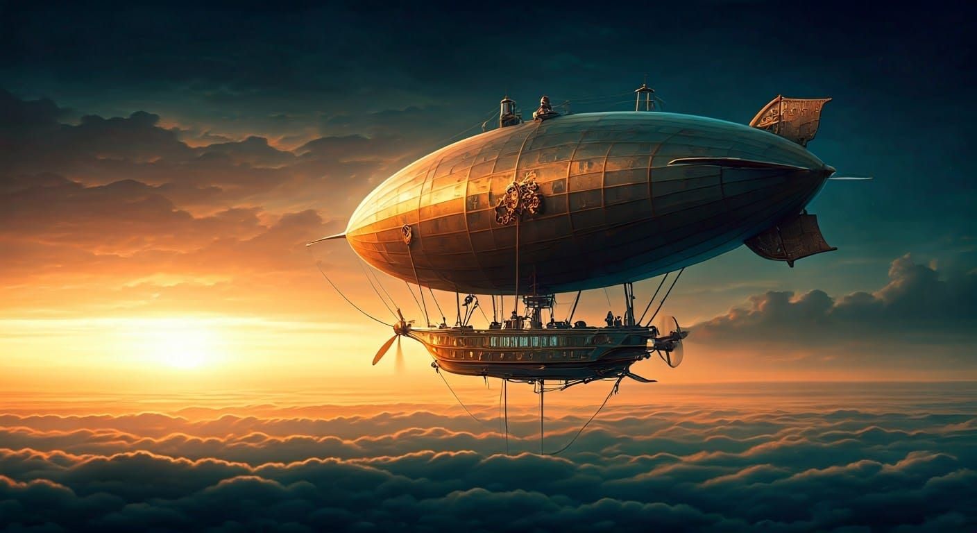 Steampunk Dirigible in Stormy Sky at Golden Hour