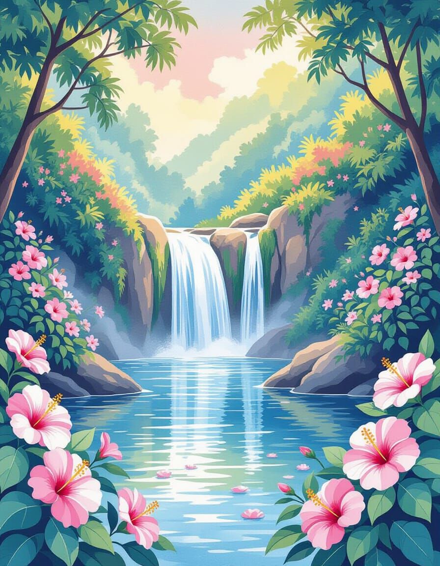 Hidden Waterfall with Hibiscus in Watercolor Style