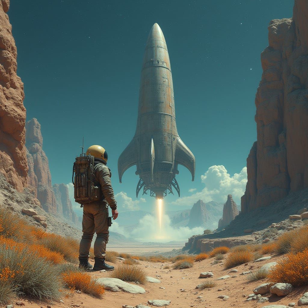 Astronaut and Spaceship Departure: Retro-Futuristic Sci-Fi A...