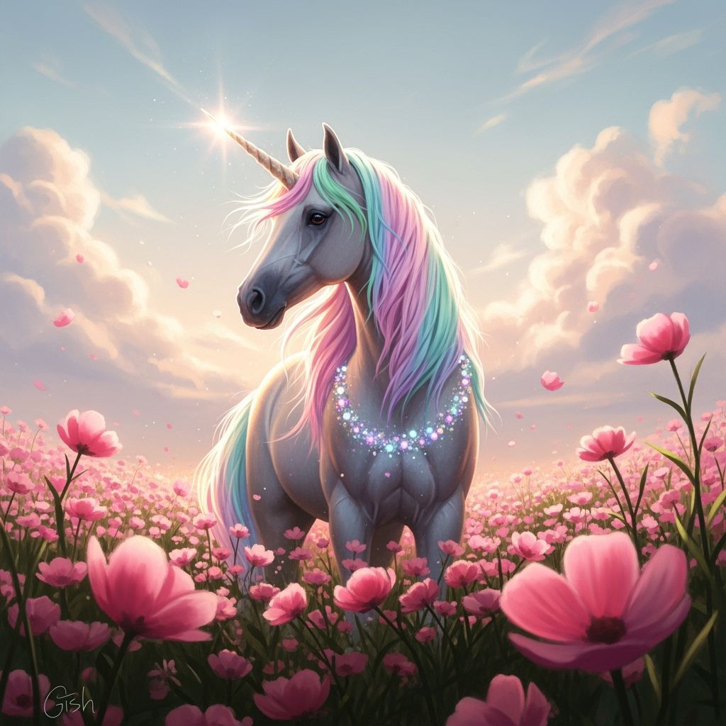 Pastel Unicorn in a Field of Pink Flowers