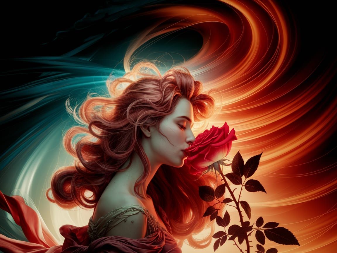 In an ethereal, hyper-detailed digital matte painting, a wom...