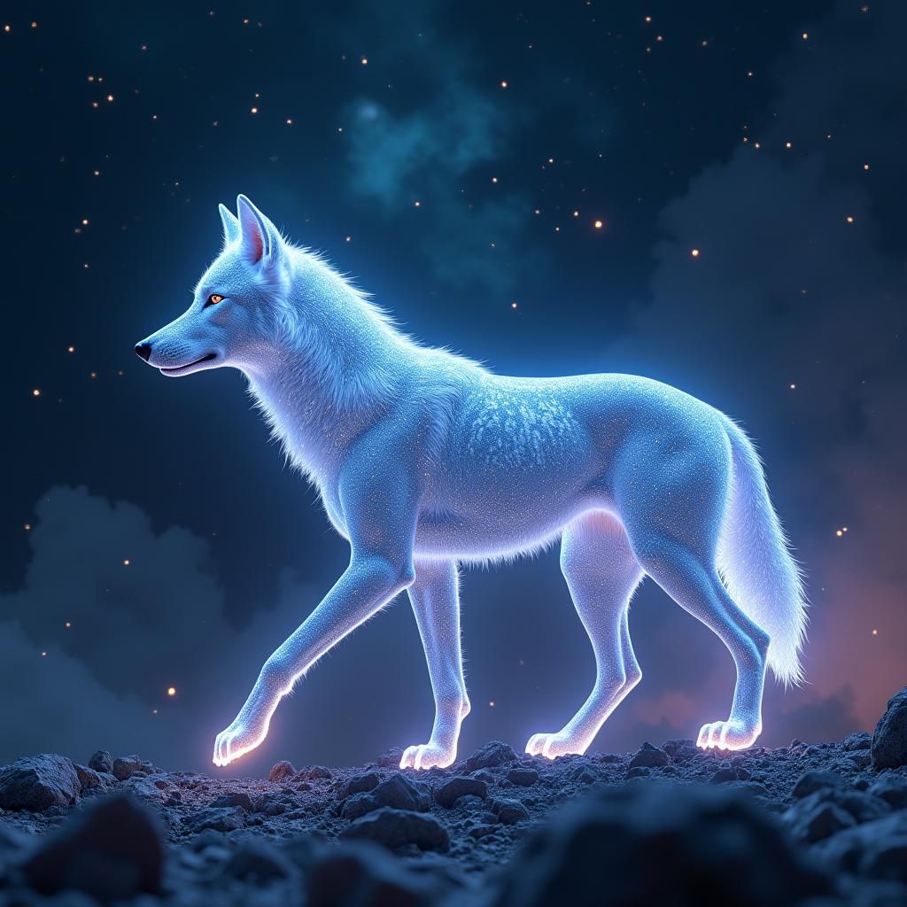 Mystical Wolf in Cosmic Starscape, Futuristic Art