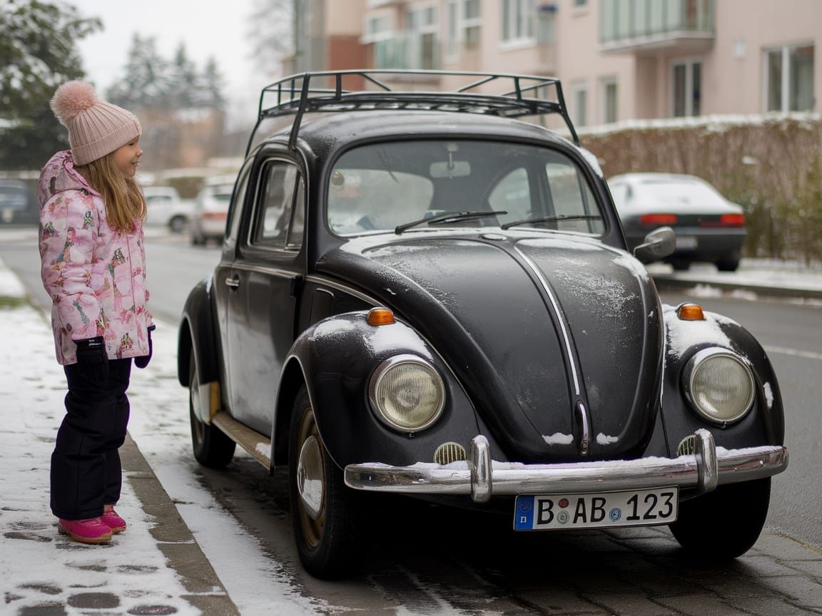 A Young Girl Admires a Classic Black VW Beetle in Winter