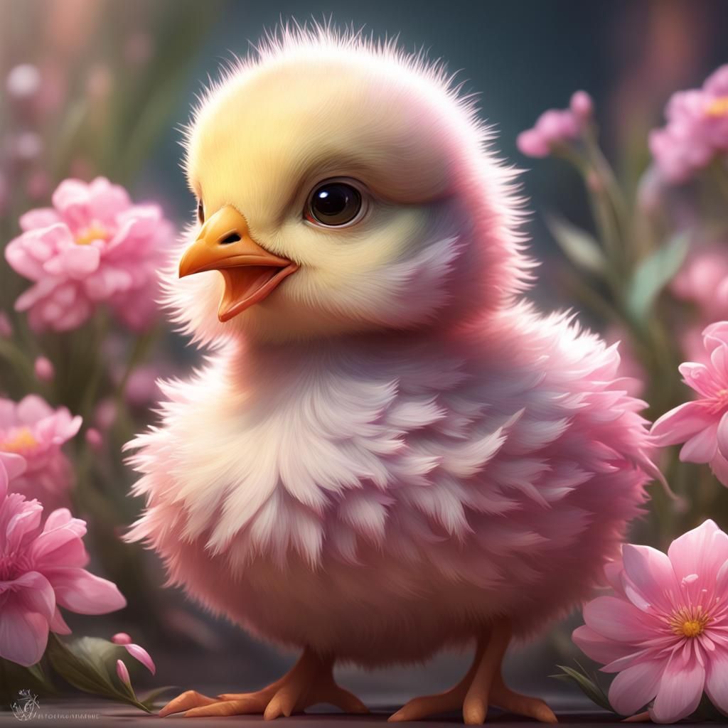 Baby Chick Portrait with Pink Flowers in Artgerm Style