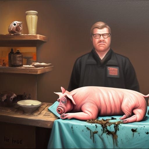 Butcher Pig with Human Hand, Scenic Oil Painting