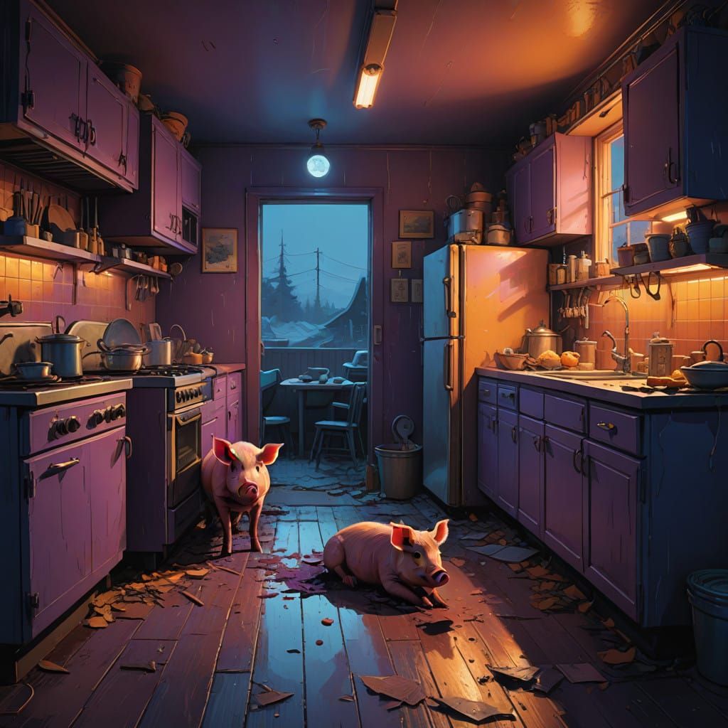 Hyperrealistic Pigs in Midnight Kitchen Raid