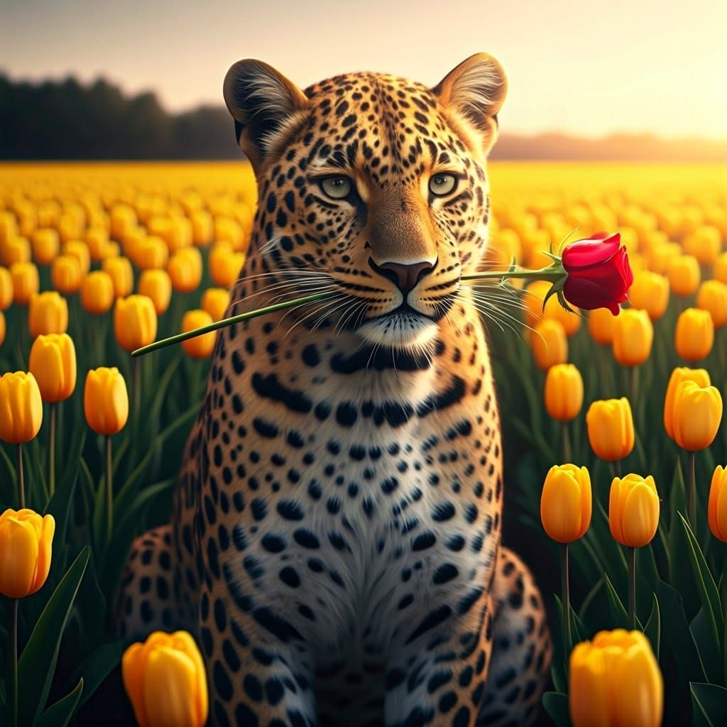 Surreal Leopard Portrait with Heart-Shaped Spots and Red Ros...