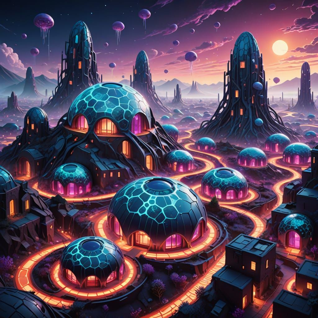 Surreal Cellular Metropolis in Vibrant Blues and Purples