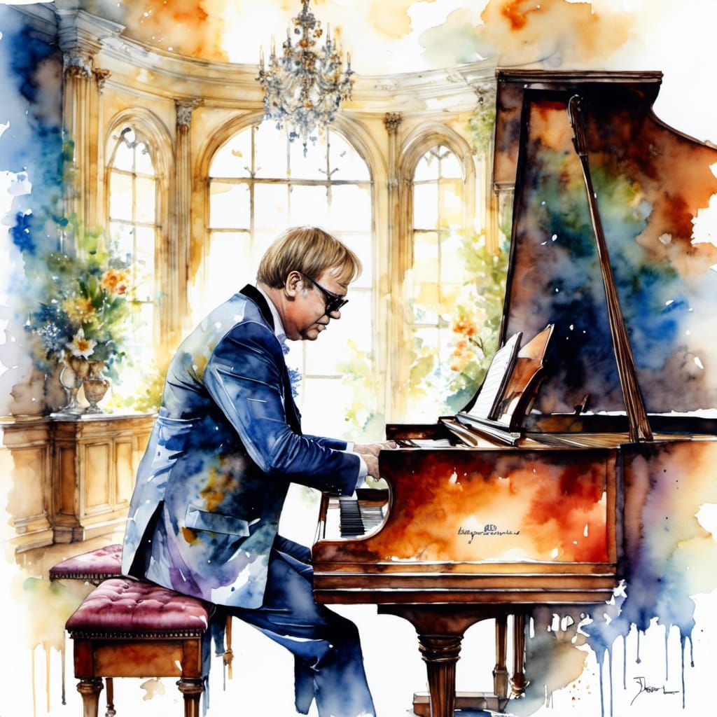 Elton John at Piano in Watercolour Style